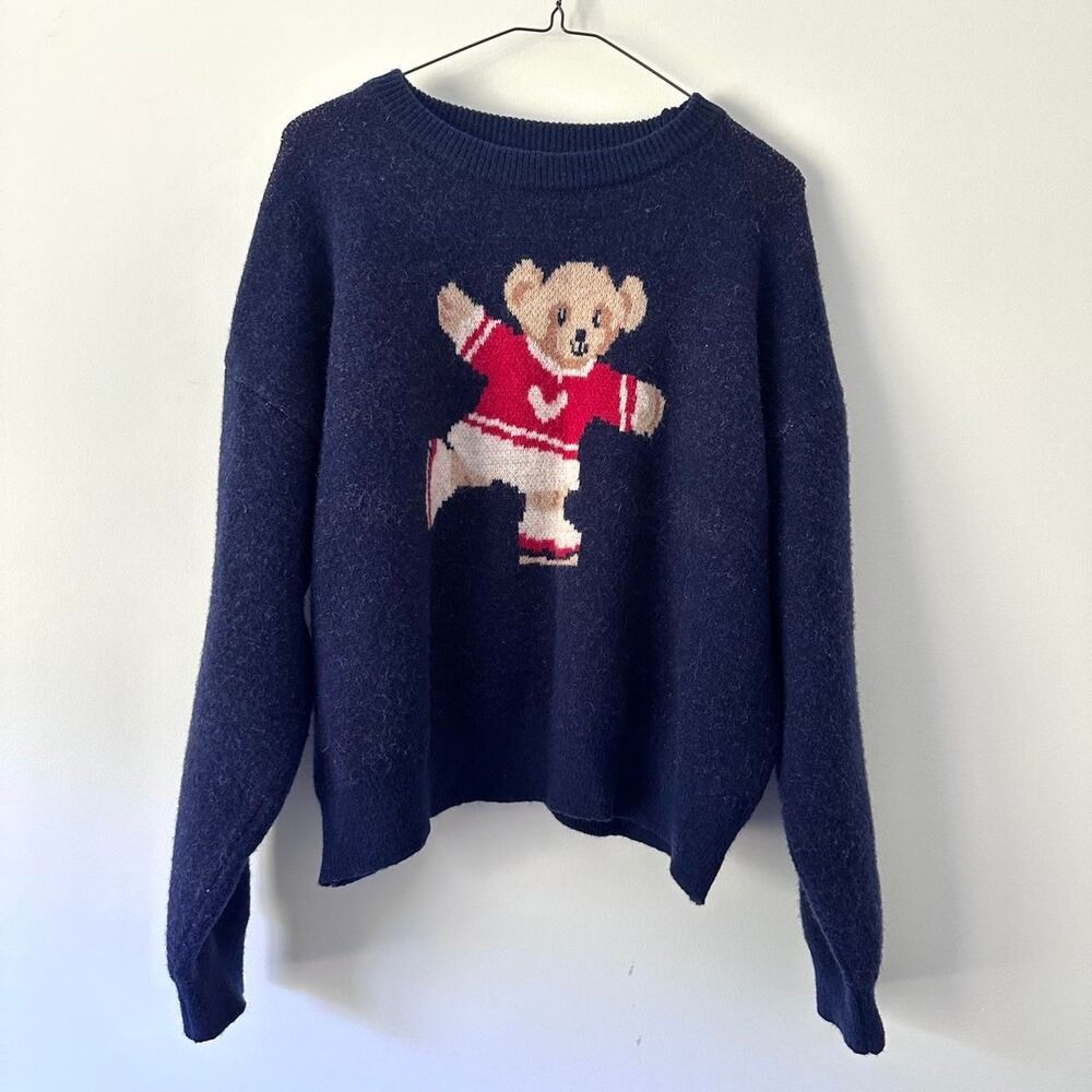 Daisy Street Bear Navy and Blue knit crewneck sweater Jumper America